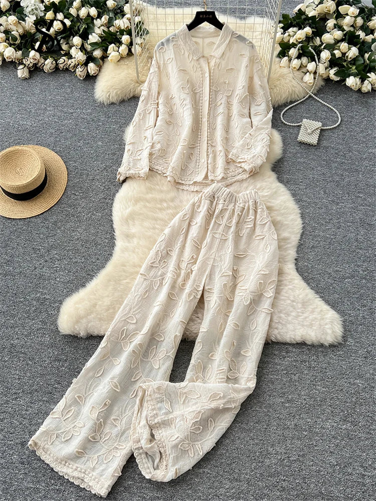 SINGREINY Senior Embroidery Leaves Sets Long Sleeves Single Breasted Top+Wide Legs Casual Pants 2025 Korean Women Solid Suits