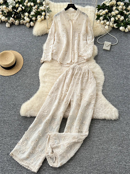 SINGREINY Senior Embroidery Leaves Sets Long Sleeves Single Breasted Top+Wide Legs Casual Pants 2025 Korean Women Solid Suits