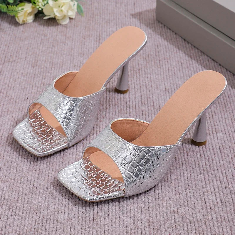 Luxury Gold Silver High Heels Sandals Women Slip On Square Toe Summer Slippers Woman Plus Size 43 Thin Heeled Party Shoes Lady