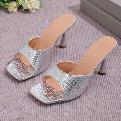 Luxury Gold Silver High Heels Sandals Women Slip On Square Toe Summer Slippers Woman Plus Size 43 Thin Heeled Party Shoes Lady