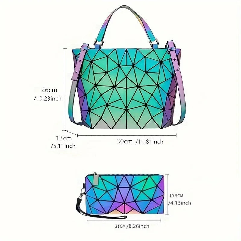 1pcs 2pcs 3pcs Women's Fashion Messenger Bags Laser Luminous Rhombus Folding Shoulder Bag Cool Tote + Rectangle Zipper Wallet