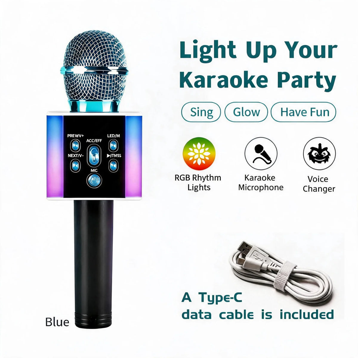 6-In-1 Wireless Karaoke Mic - Big Bass Wireless Speaker, LED Lights, Voice Changer, Pairable - Portable Singing Mic for Family, Birthday, Parties, Car Trips, Halloween, Thanksgiving And Christmas Gifts