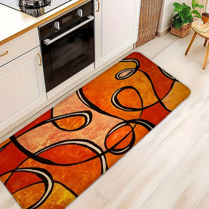 Abstract Orange Geometric Bath Mat, Black Line Print Non-Slip Rug