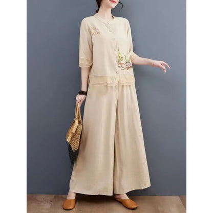 Spring Summer Women Leisure Pants 2PCS Middle Aged Mother Cotton Linen Suit 2026 Female Embroidery Two-piece Set Large Size 5XL