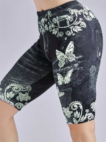Lmitation Denim Leggings For Women Butterfly Waist Fruit Flower Elastic Shorts High Waist Casual
