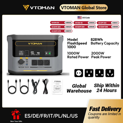 VTOMAN FlashSpeed 1000 Portable Power Station 2000W 828Wh LiFeP04 Battery For Outdoor Camping Tent Travel