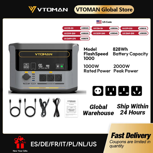 VTOMAN FlashSpeed 1000 Portable Power Station 2000W 828Wh LiFeP04 Battery For Outdoor Camping Tent Travel