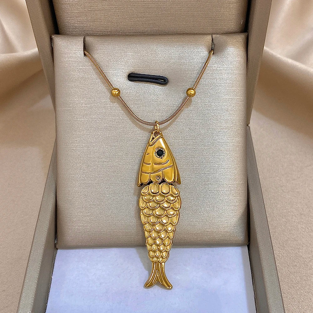 18K Gold Plated Stainless Steel Fish Pendant Necklace for Women