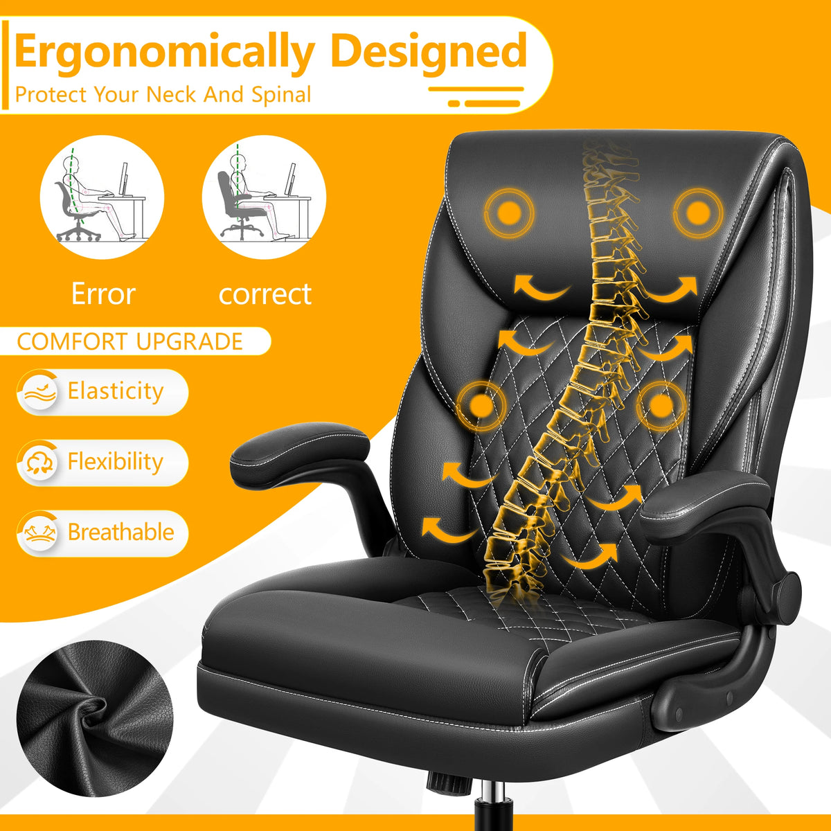 KERDOM Office Desk Chair, Mid Back Executive Leather Chair,Ergonomic Home Computer Chair,Modern Conference Room Chairs with Adjustable Flip-Up Arms and Rocking Function, Black