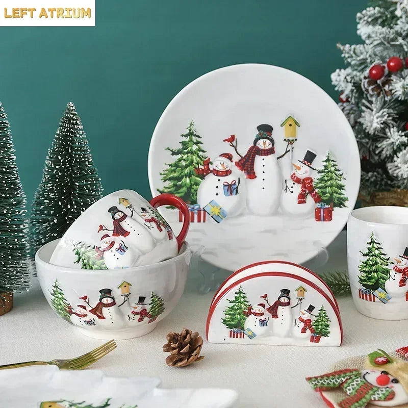 Nordic creative Christmas Snowman bowl plate cutlery set Western ceramic dinner plates Home rice salad bowl cup Christmas gift