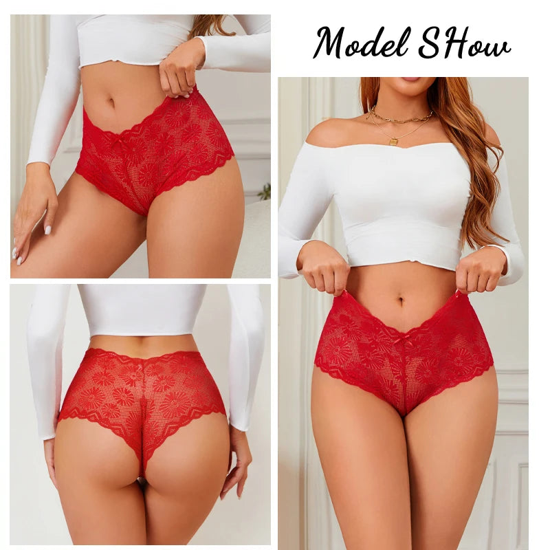 6PCS Women's Seamless Sexy Lace Perspective Boxer Shorts Solid Color Hollow Out Sunflower Bowknot Transparent Intimate Lingerie