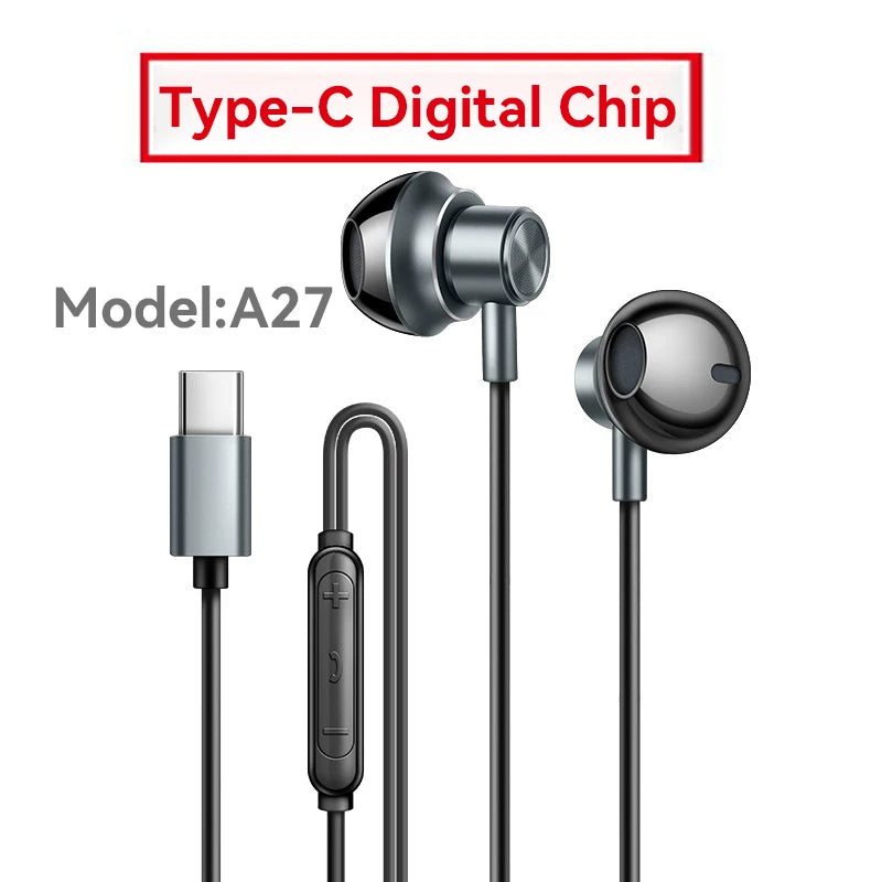 9D HIFI Heavy Bass Gaming Headphones Type-C Digital Chip Metal Magnetic Music Earbuds with Microphone In-Ear Headphone Universal