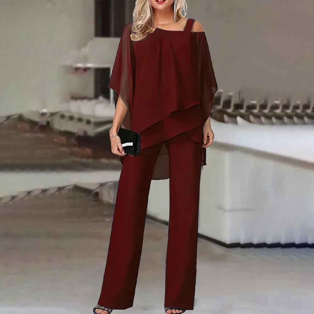 New Matching Collection Fashion Women's Bat Sleeve Top Casual Off Shoulder Party Elegant Wide Leg Pants Women's Two Piece Set