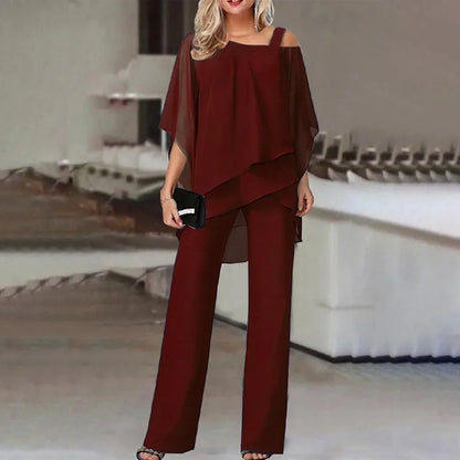 New Matching Collection Fashion Women's Bat Sleeve Top Casual Off Shoulder Party Elegant Wide Leg Pants Women's Two Piece Set