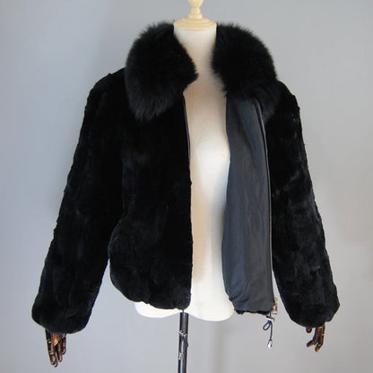 New Luxury Lady 100% Natural Rex Rabbit Fur Coat Women Winter Thick Warm Real Rex Rabbit Fur Jacket With Quality Fox Fur Collar