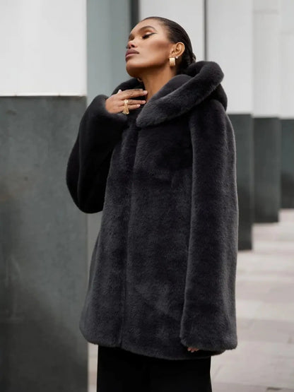 2026 Autumn Winter Women Faux Mink Fur Jacket Hooded Lapel Collar Open Front Mid Long Fluffy Coat