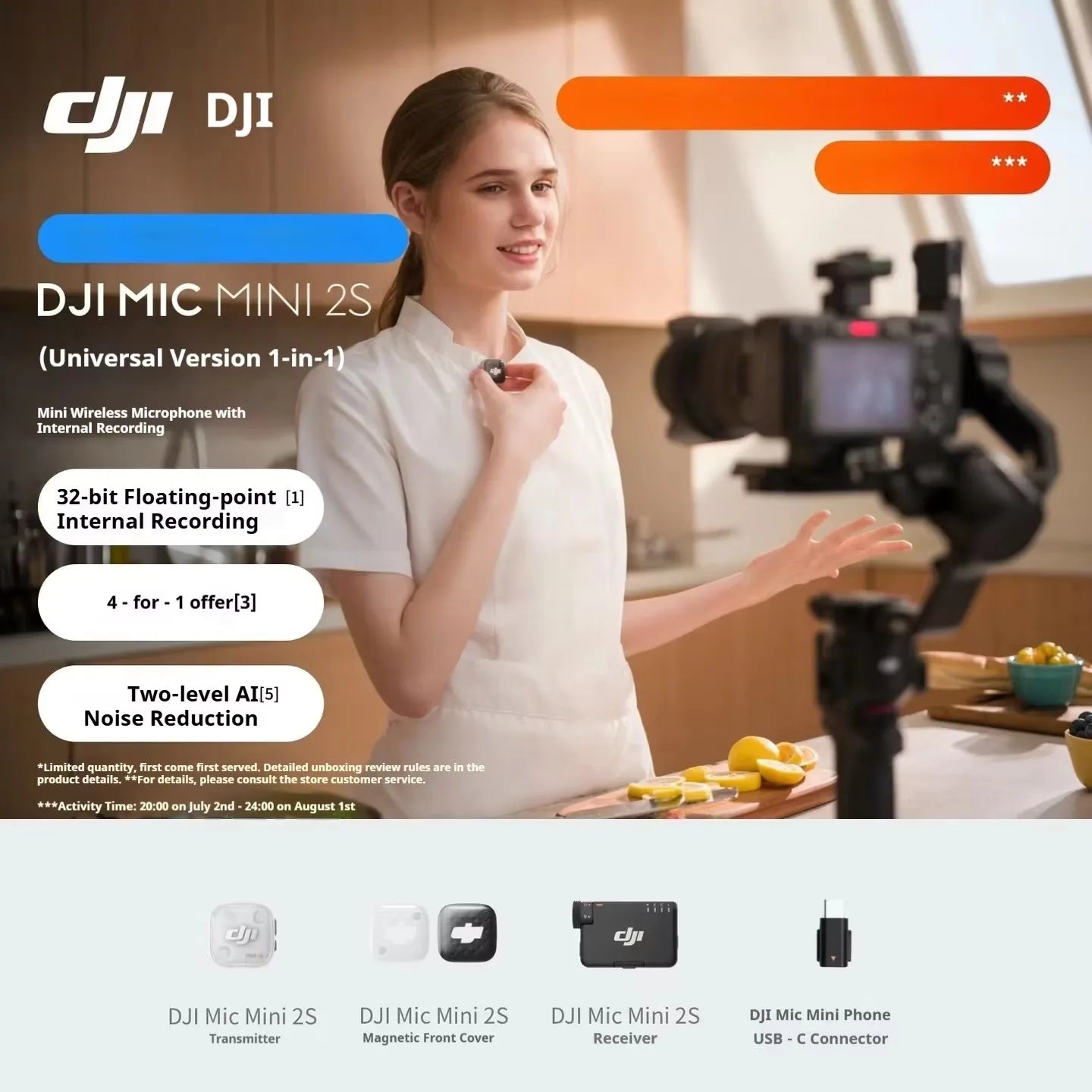 For DJI Mic Mini 2S Wireless Lavalier Mic 1TX/2TX 1RX Built-in Recording 32-bit Float AI Noise Reduction Mic for Camera Phone