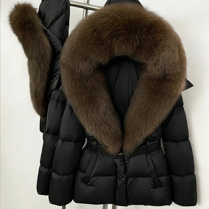 OFTBUY New Fashion Winter Clothes Women Duck Down Coat with Big Natural Fur Collar Belt Hooded Real Fox Fur Puffer Jacket Female