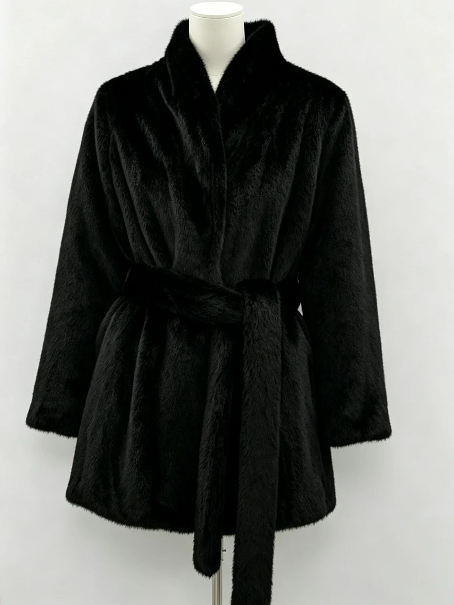 LIMO Women  Faux Mink Fur Coat Wrap Belted Waist Stand Collar Long Sleeve Loose Warm Winter Elegant Ladies  Plush Outerwear