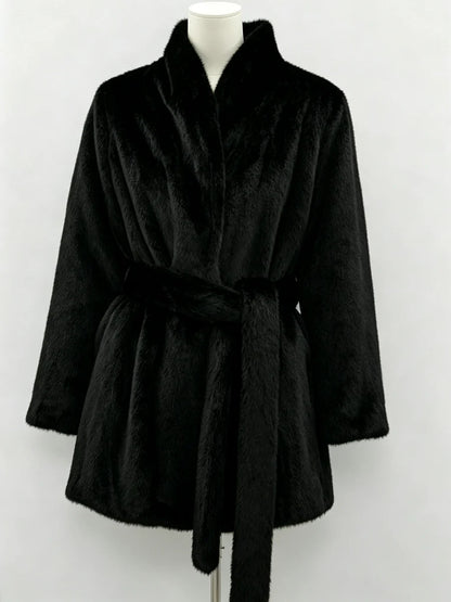 LIMO Women  Faux Mink Fur Coat Wrap Belted Waist Stand Collar Long Sleeve Loose Warm Winter Elegant Ladies  Plush Outerwear