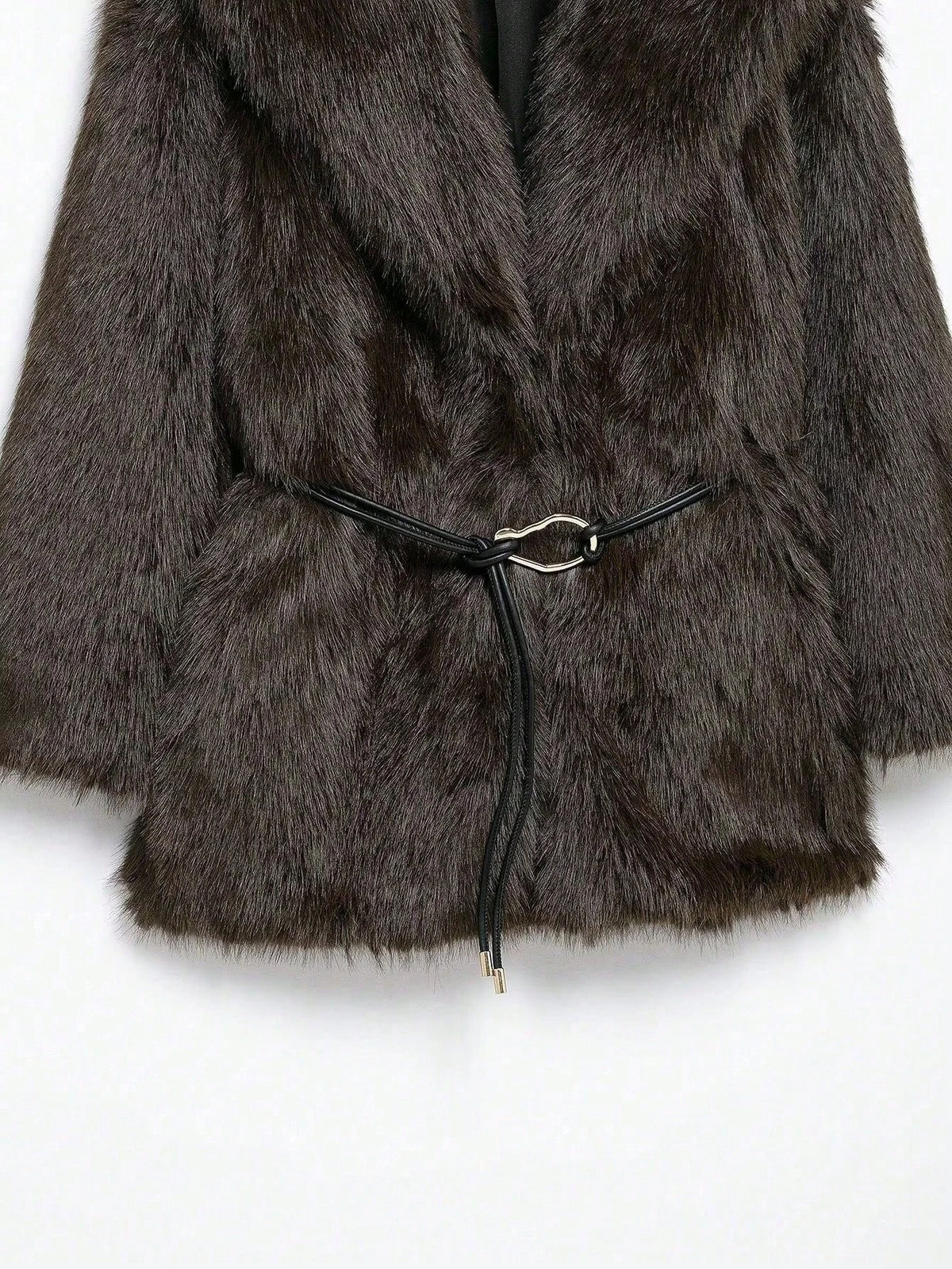 IG Women Large Lapel Belted Waist Faux Fur Mid-Length Coat, Long Sleeve Winter Warm Elegant Fluffy Outerwear