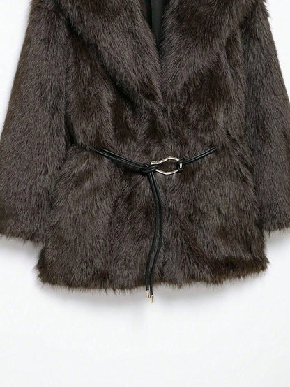 IG Women Large Lapel Belted Waist Faux Fur Mid-Length Coat, Long Sleeve Winter Warm Elegant Fluffy Outerwear
