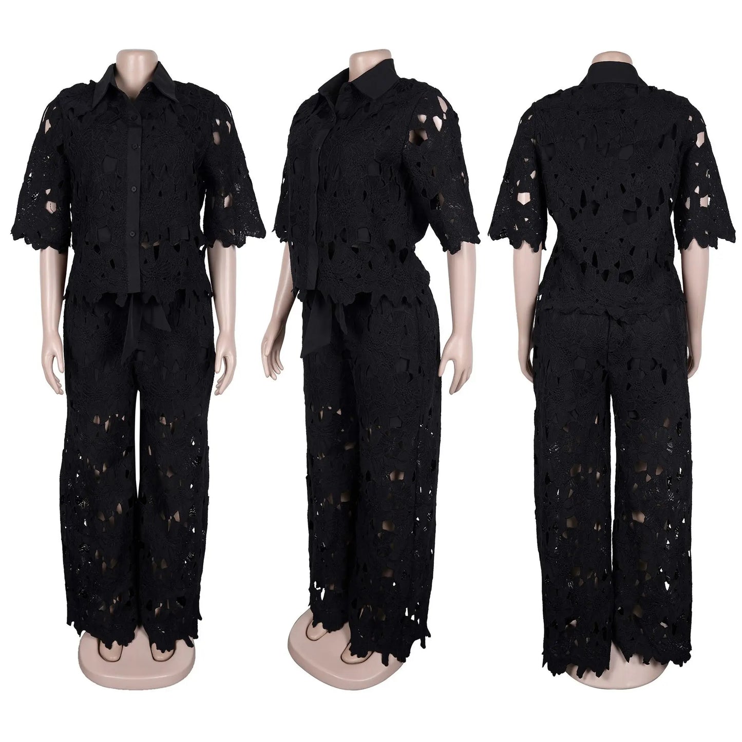 Streetwear Hollow Out Lace Casual Pants Outfits Sexy Women Two Pieces Club Matching Set Top+Trousers