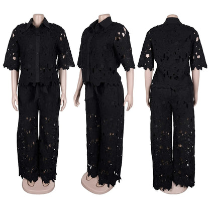Streetwear Hollow Out Lace Casual Pants Outfits Sexy Women Two Pieces Club Matching Set Top+Trousers