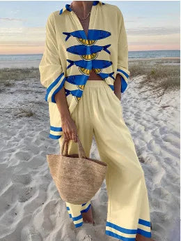Fashion Print Beach Holiday 2-Piece Set Women Spring Summer Long Sleeve Shirt Top + Wide Legs Women's Oversized Two-Piece Outfit