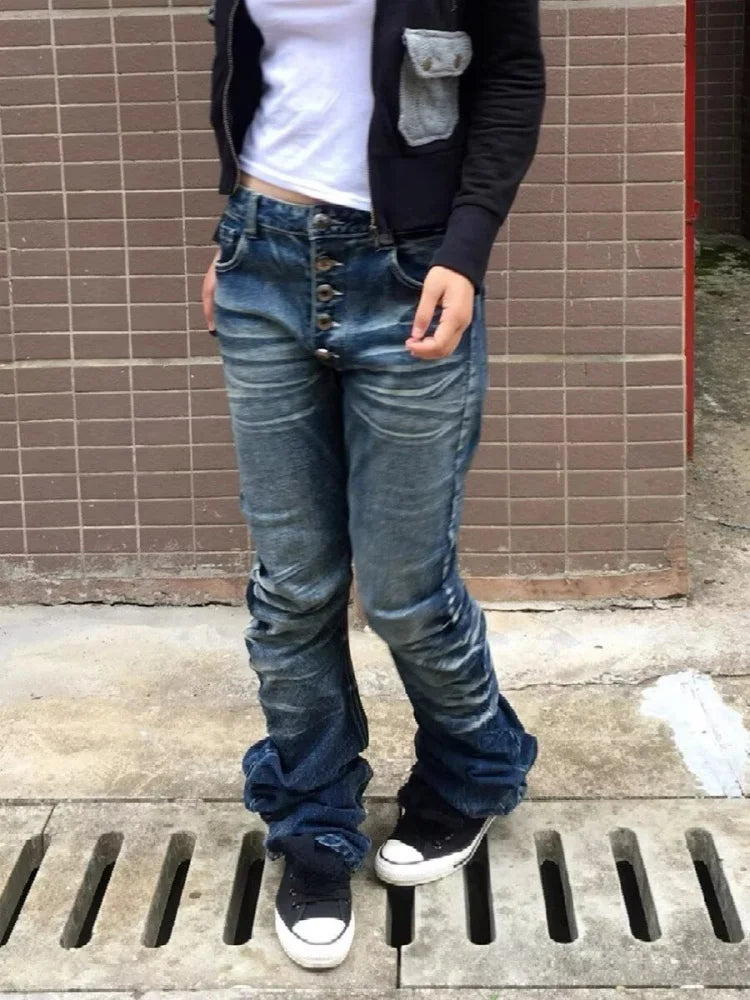 2026 Ropa Y2K Fashion Button Fly Washed Blue Slim Pleated Jeans Pants For Women Clothing Streetwear Vintage Lady Denim Trousers