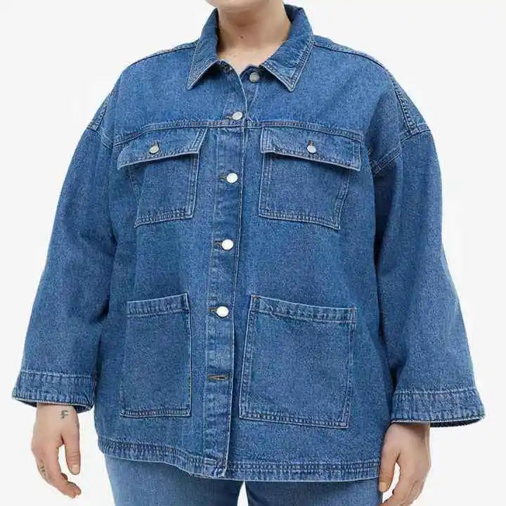 Women Long Length Denim Jacket Plus Size Eco-Friendly Woven Winter Coat Single Button Closure
