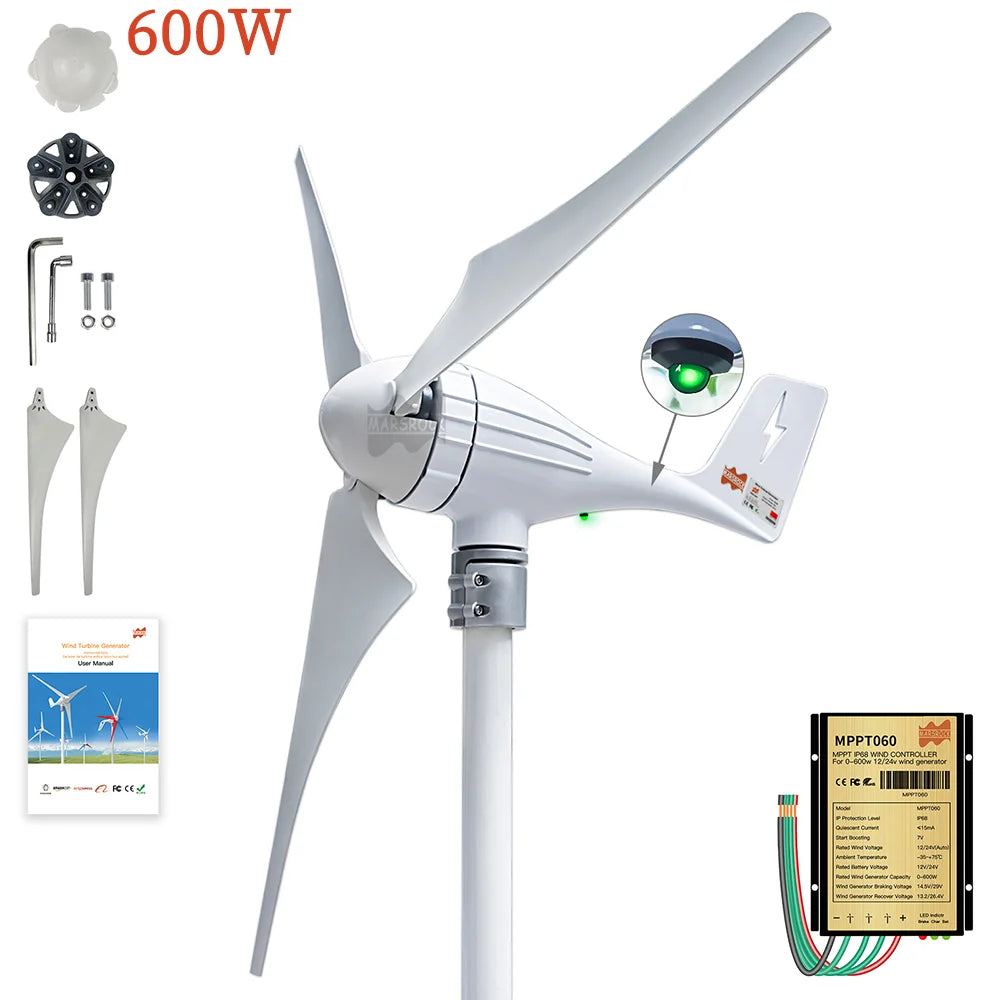 3 5Blades 600W 12V 24V Wind Turbine Generator With MPPT Controller High Effcient Household Wind Generator for Battery Charge