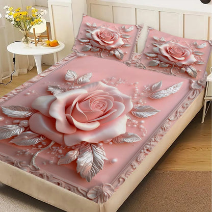 1pc 3D Embossed Pink Rose Print Fitted Sheet Deep Pocket Elastic Mattress Cover Single Double Queen King Bedroom Decor