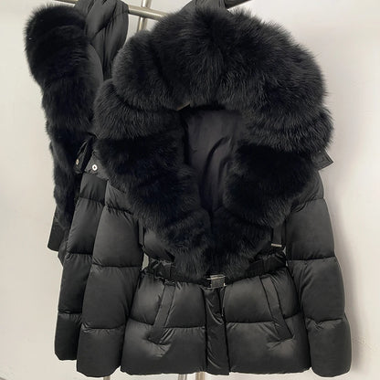 OFTBUY New Fashion Winter Clothes Women Duck Down Coat with Big Natural Fur Collar Belt Hooded Real Fox Fur Puffer Jacket Female