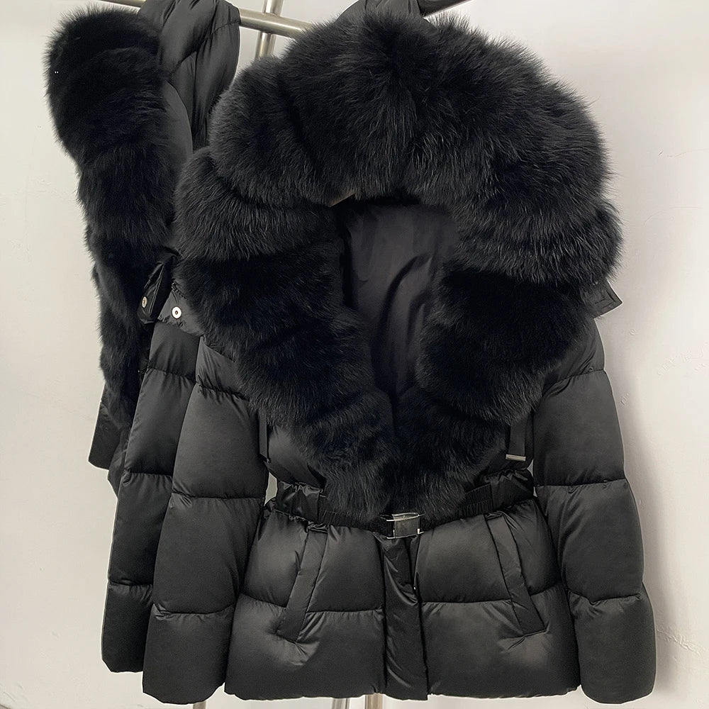 OFTBUY New Fashion Winter Clothes Women Duck Down Coat with Big Natural Fur Collar Belt Hooded Real Fox Fur Puffer Jacket Female