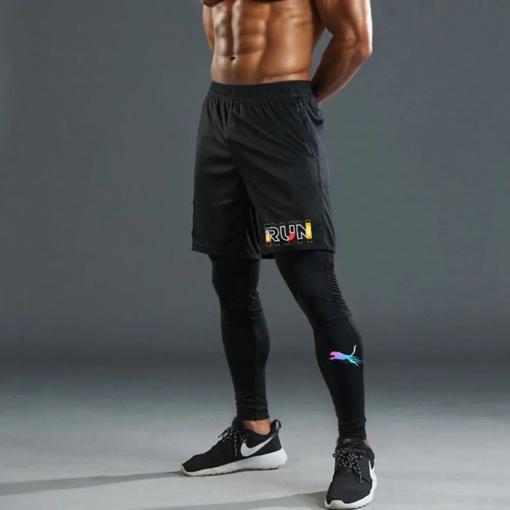 Men's Running Jogging 2 Piece Set Quick Dry Sports Shorts and Compression Tights Athletic Training Wear