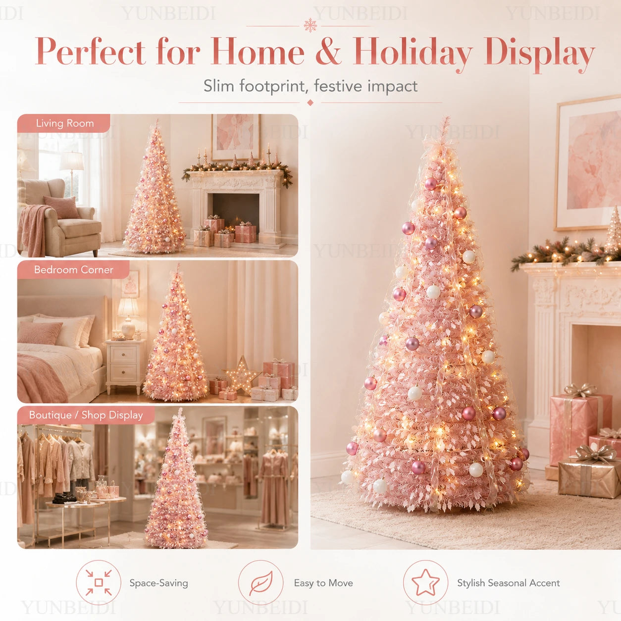Pink Integrated Foldable Christmas Tree with Ornaments LED Lights High-end Christmas Tree 1.5M/1.8M Family Christmas Decorations