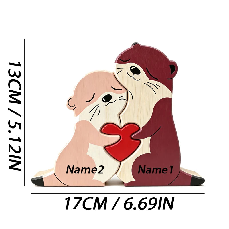 Cute Otter Family Wood Puzzle Ornament Red Heart Tabletop Decor Mother's Day Christmas Birthday Home Office Souvenir Gift