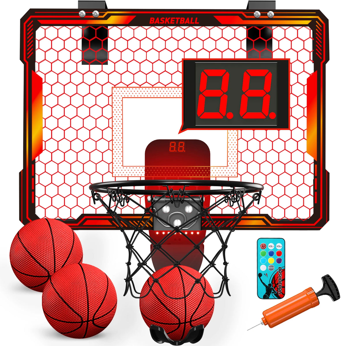 Mini Indoor Basketball Hoop with 7 LED Lights Scoreboard 3 Play Modes Adjustable Volume over Door Foldable for Kids Adults
