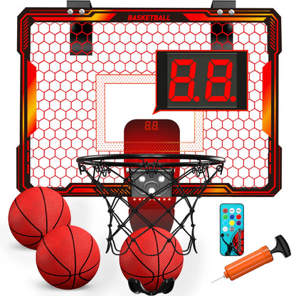 Mini Indoor Basketball Hoop with 7 LED Lights Scoreboard 3 Play Modes Adjustable Volume over Door Foldable for Kids Adults