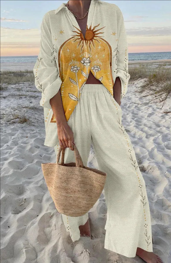 Summer Casual Shirts Two Piece Outfits 2 Pieces Set For Woman New In Matching Sets Blouse For Woman Temperament Vacation Printed