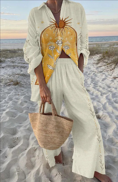Summer Casual Shirts Two Piece Outfits 2 Pieces Set For Woman New In Matching Sets Blouse For Woman Temperament Vacation Printed