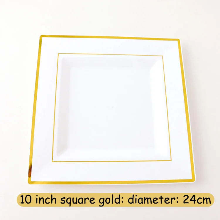 New Multi piece Set - Gold Platter Set, Plastic Tableware, Gold Edge Plate, Knife, Fork, Spoon, Party Wedding Set, Dessert Plate