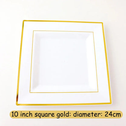 New Multi piece Set - Gold Platter Set, Plastic Tableware, Gold Edge Plate, Knife, Fork, Spoon, Party Wedding Set, Dessert Plate