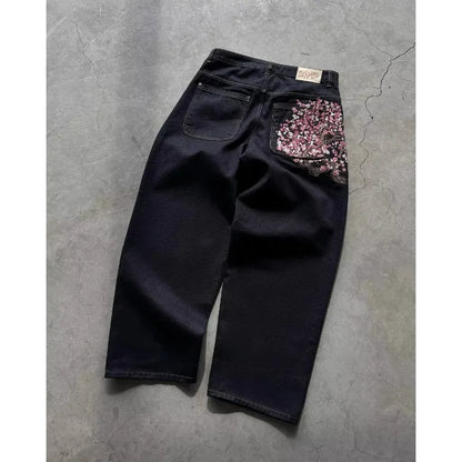 Sakura embroidered jeans Personalized street fashion wide legs wide legs multifunctional washing spread couple hip hop pants