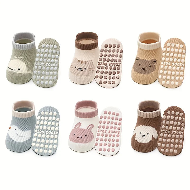 12 Pairs of Boys and Girls' Anti Slip Socks with Cute Cartoon Animal Patterns, Comfortable and Breathable Baby Floor Socks