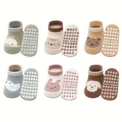 12 Pairs of Boys and Girls' Anti Slip Socks with Cute Cartoon Animal Patterns, Comfortable and Breathable Baby Floor Socks