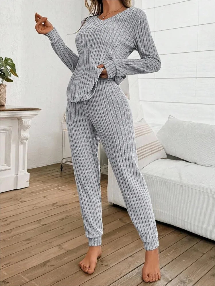 Casual V-neck Knitted Pit Strip T-shirt Long-sleeved Womes Suit Autumn Winter New Slim Fit Trousers Female Home Wear 2-piece Set