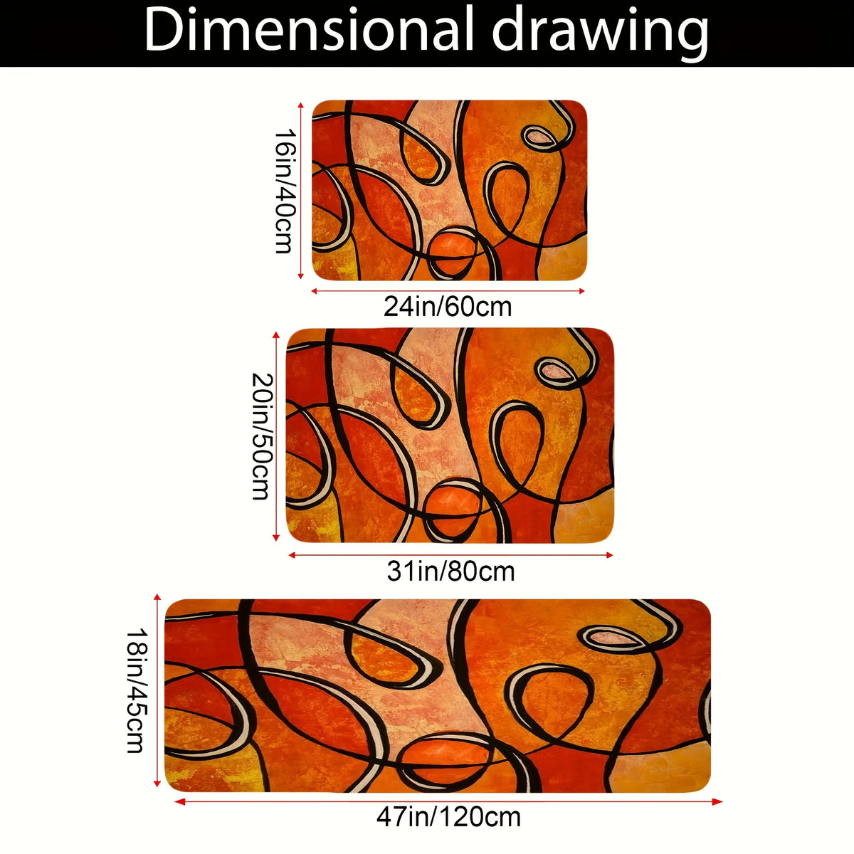 Abstract Orange Geometric Bath Mat, Black Line Print Non-Slip Rug