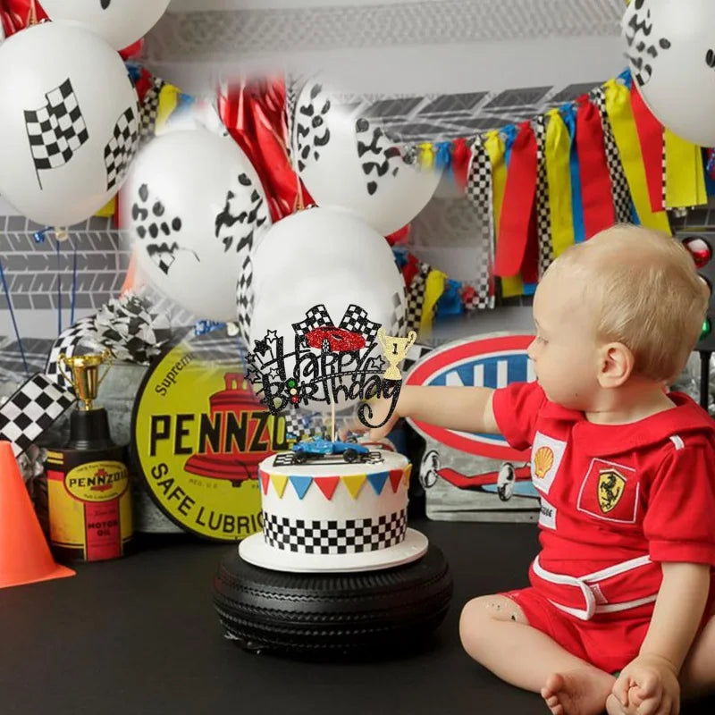 Cake Topper Racing Car Flag Happy Birthday Sports Car Theme Boy Man Party Baby Shower Cupcake Decoration Baking Supplies Stars